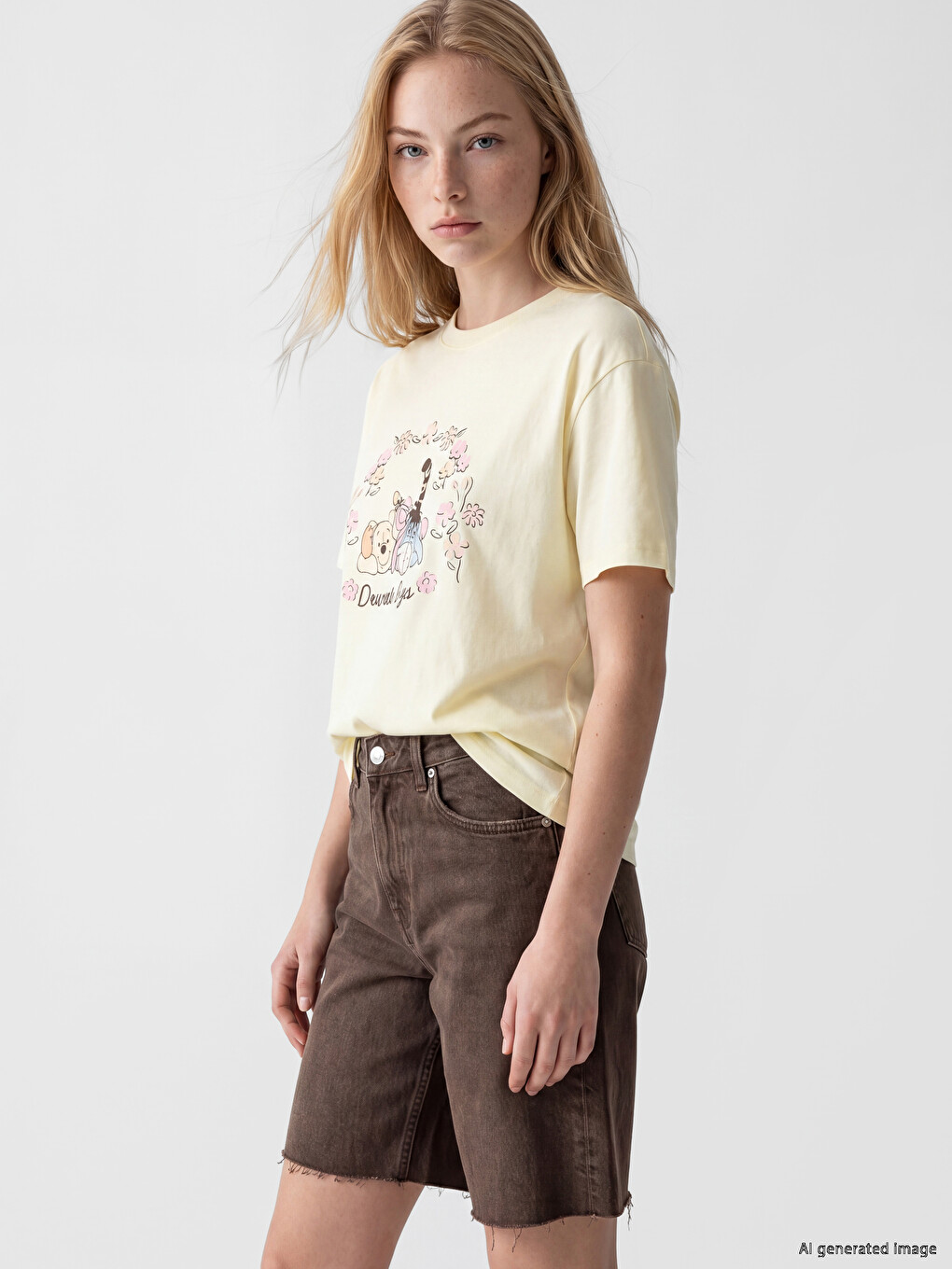 Sarı Winnie the Pooh Baskılı %100 Pamuklu Kadın Tişört