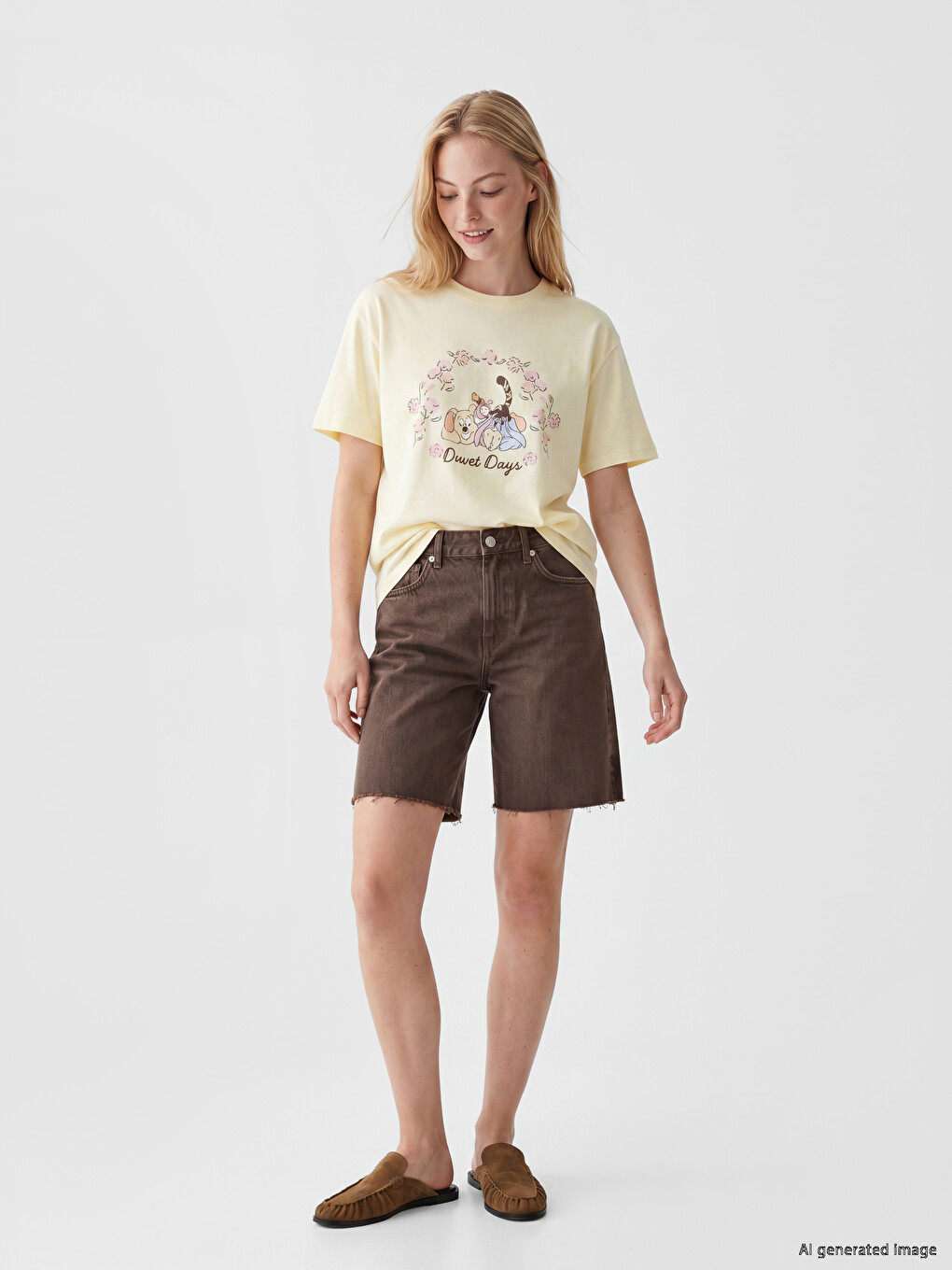 Sarı Winnie the Pooh Baskılı %100 Pamuklu Kadın Tişört-1