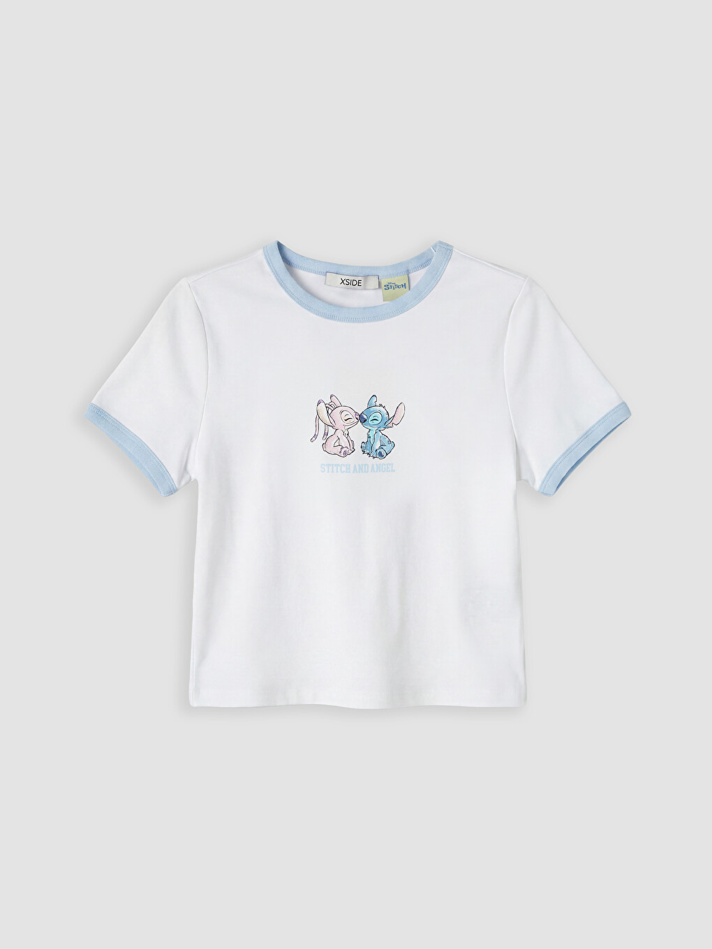 Beyaz Bisiklet Yaka Stitch ve Angel Baskılı Kadın Tişört