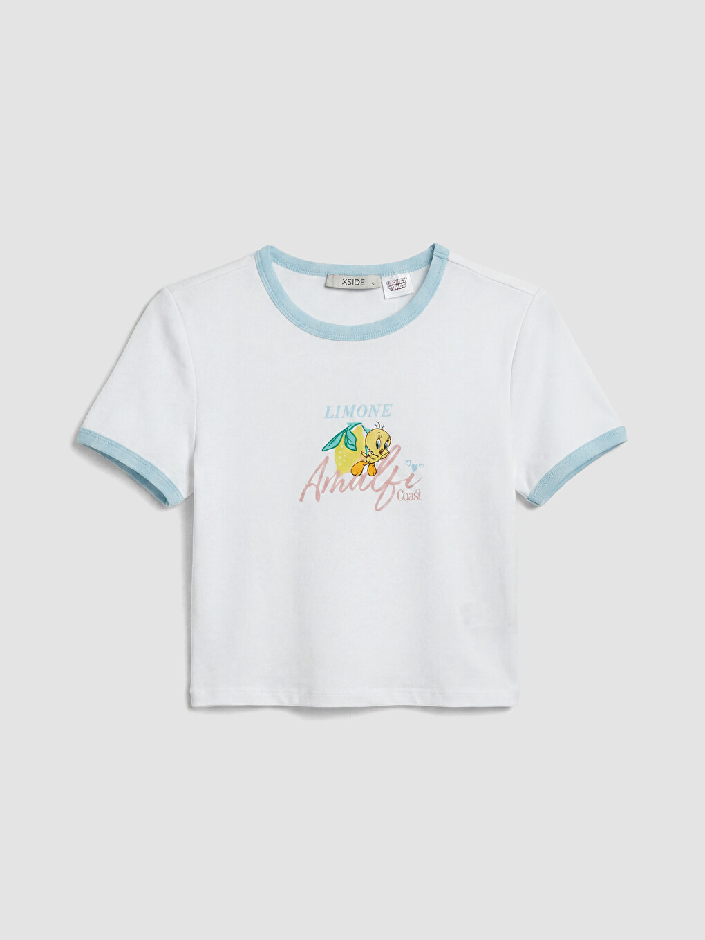 Beyaz Bisiklet Yaka Tweety Baskılı Kadın Crop