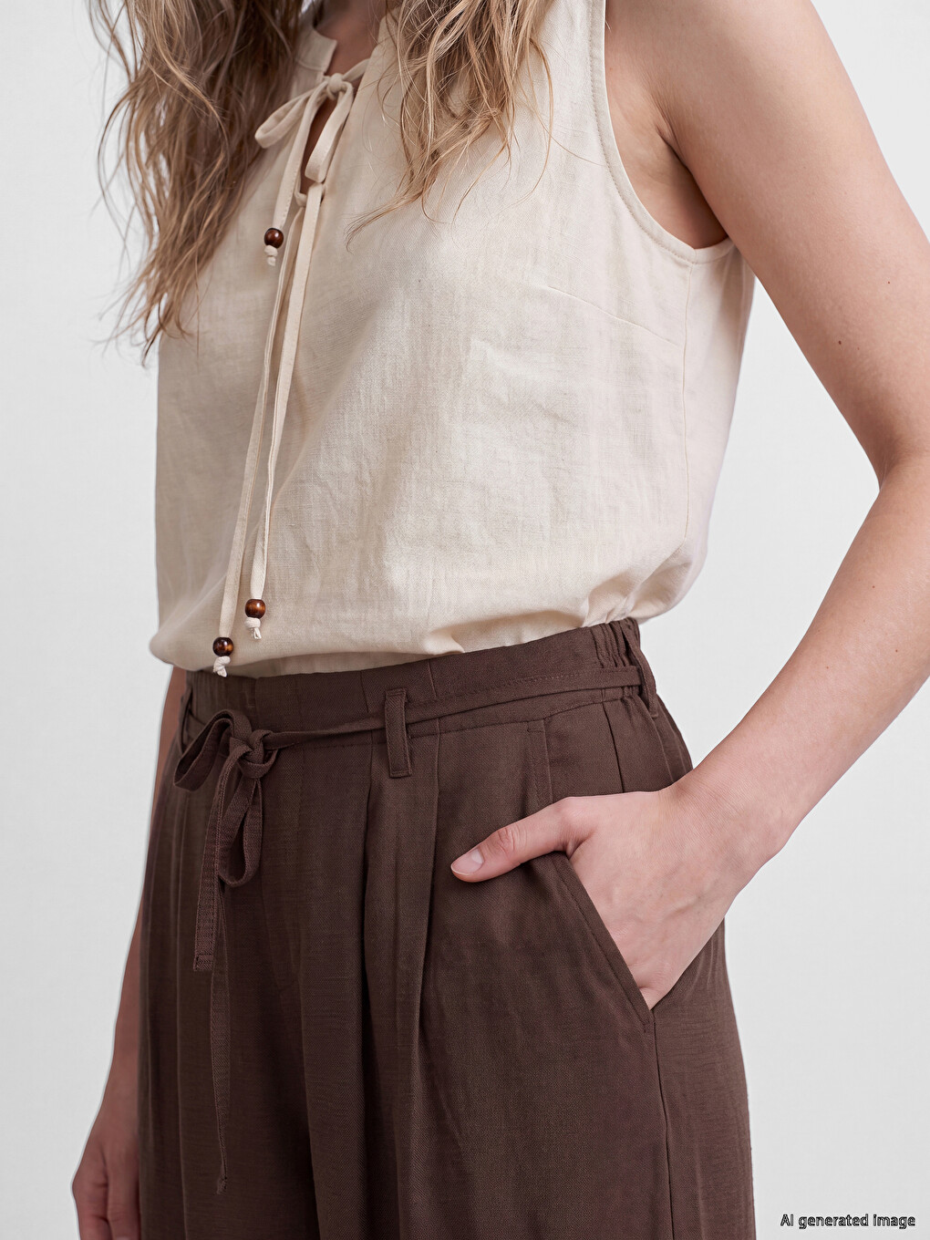 Elastic Waist Linen Blend Women's Trousers-2