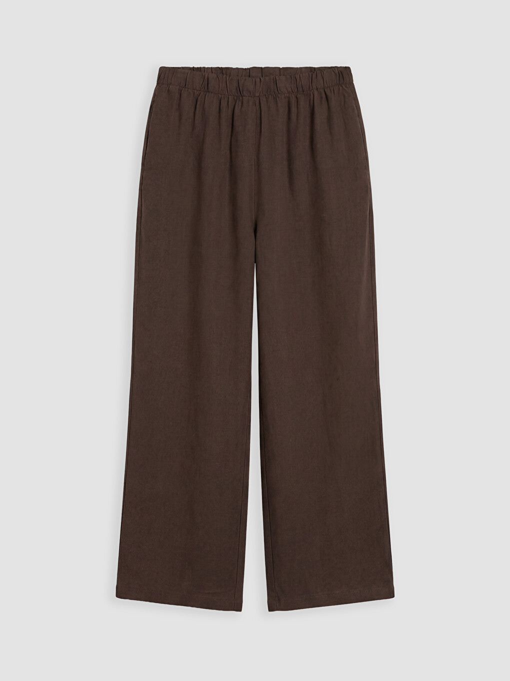 Kahverengi Beli Lastikli Kadın %100 Keten Pantolon-3