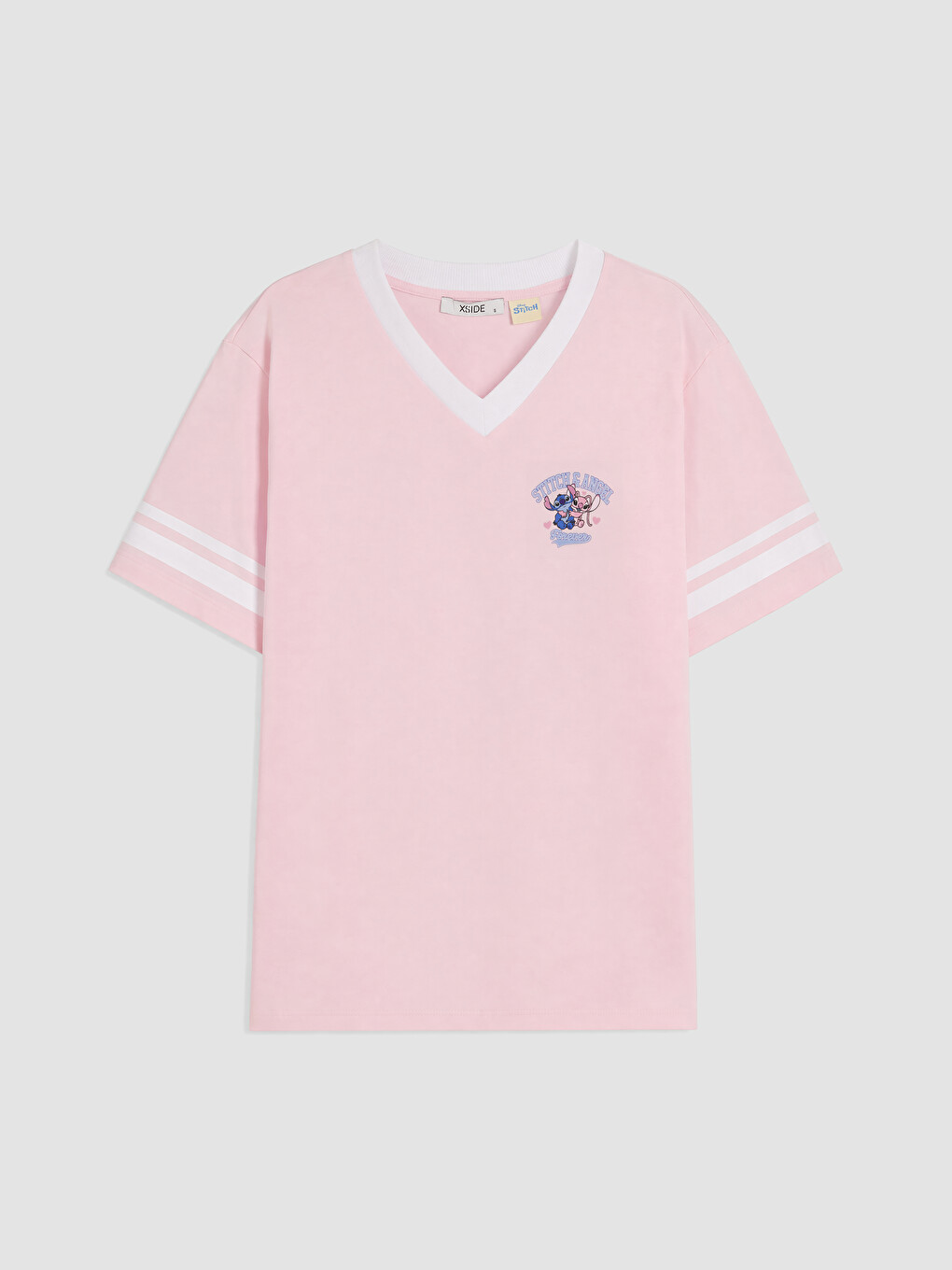 Pembe Stitch Baskılı %100 Pamuklu Oversize Kadın Tişört