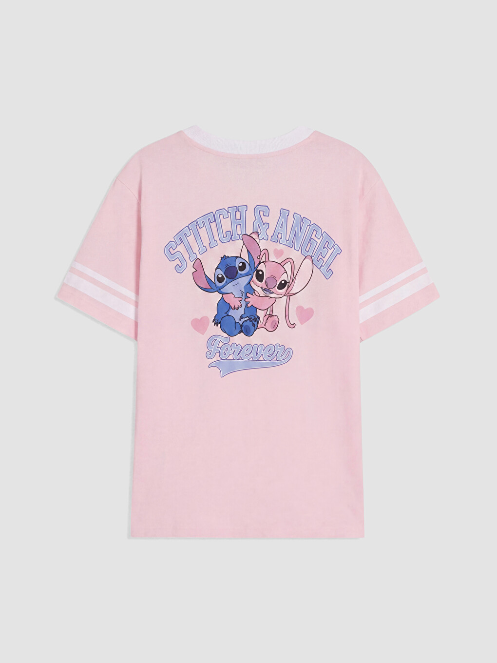 Pembe Stitch Baskılı %100 Pamuklu Oversize Kadın Tişört-2
