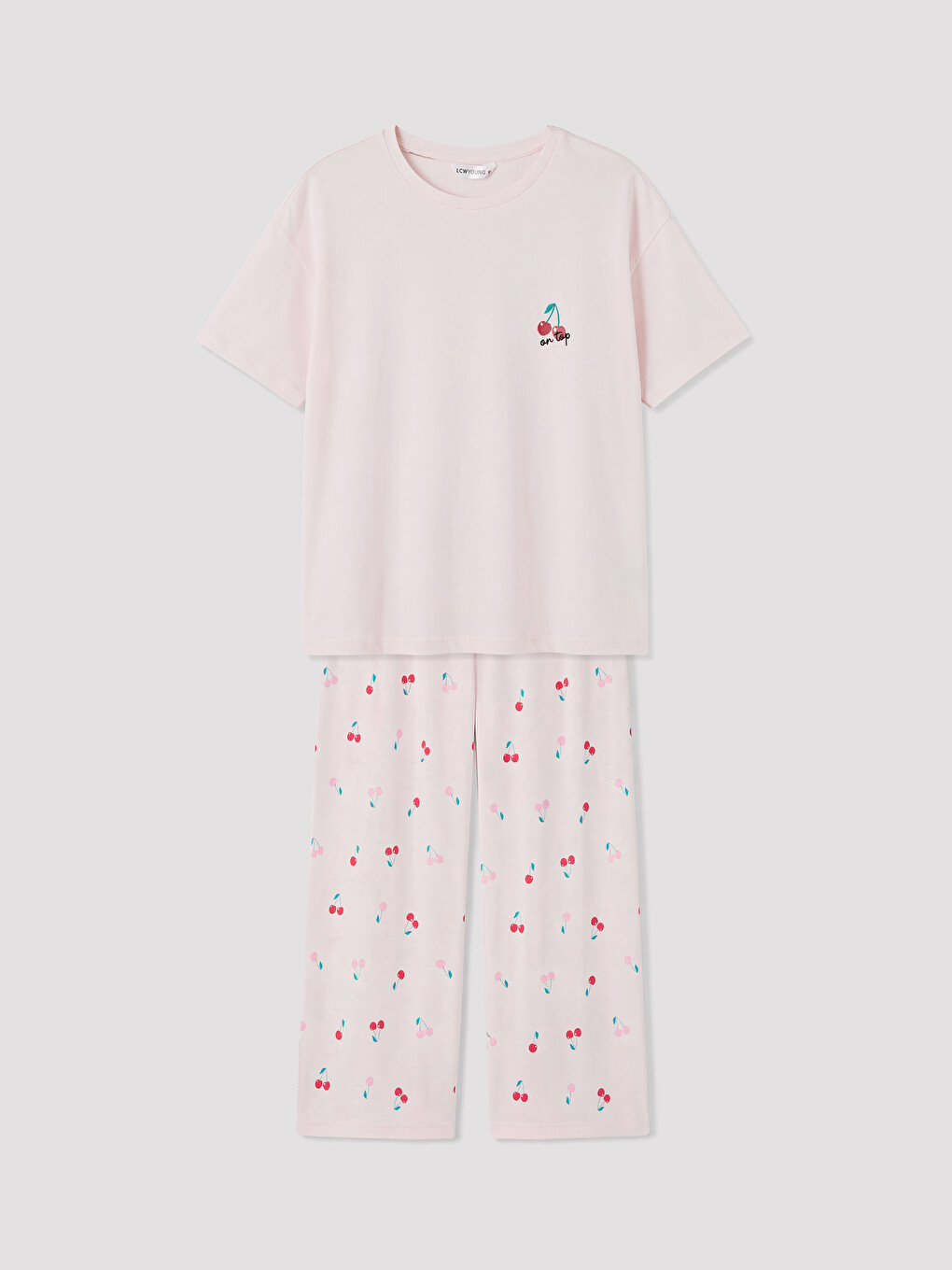 Pembe Kiraz Baskılı Kadın Pijama Takım