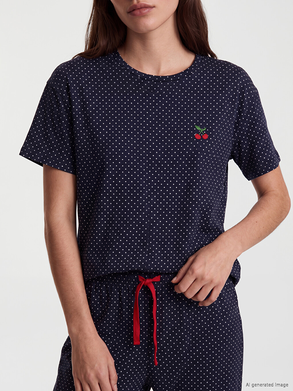 Lacivert Bisiklet Yaka Puantiyeli Kadın Pijama Takım-2