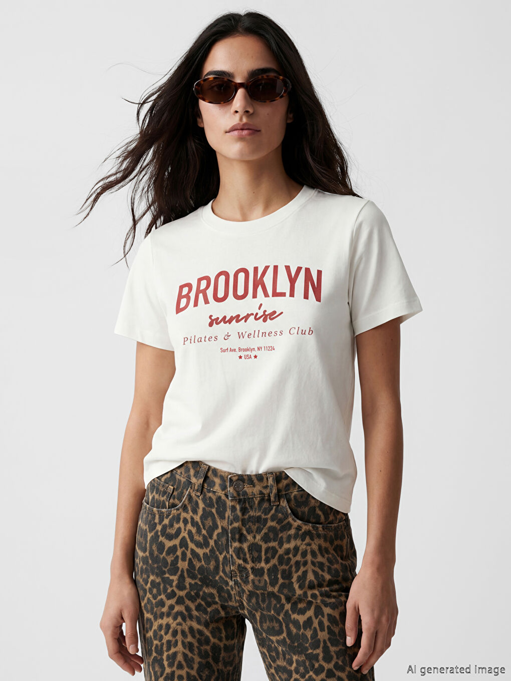 Beyaz Bisiklet Yaka Brooklyn Baskılı Kadın Tişört