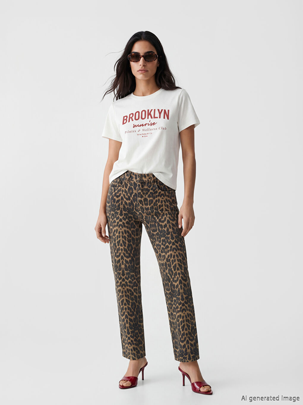 Beyaz Bisiklet Yaka Brooklyn Baskılı Kadın Tişört-1