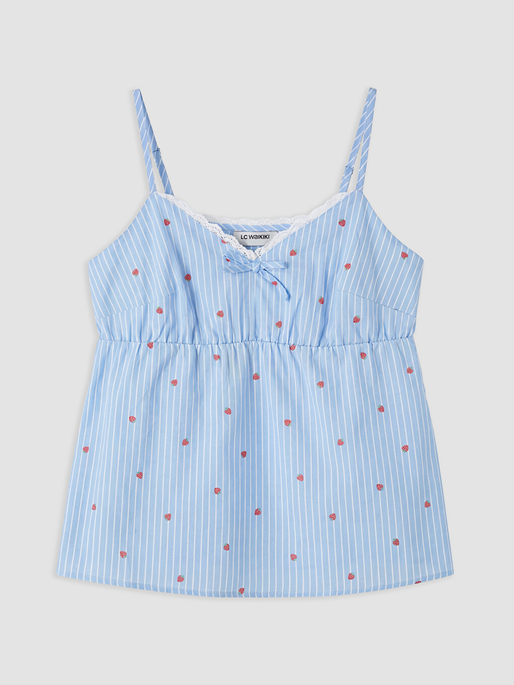 Mavi İp Askılı Çizgili Kalp Desenli Kadın Pijama Takımı-1