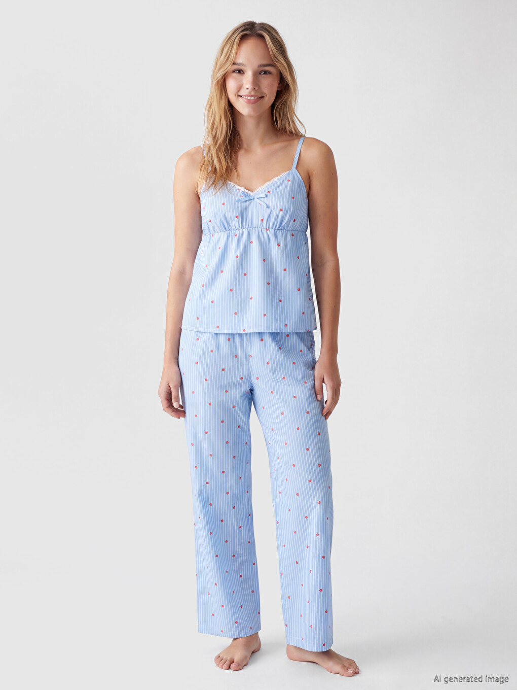  İp Askılı Çizgili Kalp Desenli Kadın Pijama Takımı