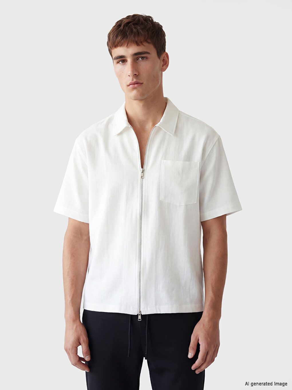 Ekru Regular Fit Fermuarlı Erkek Gömlek-3