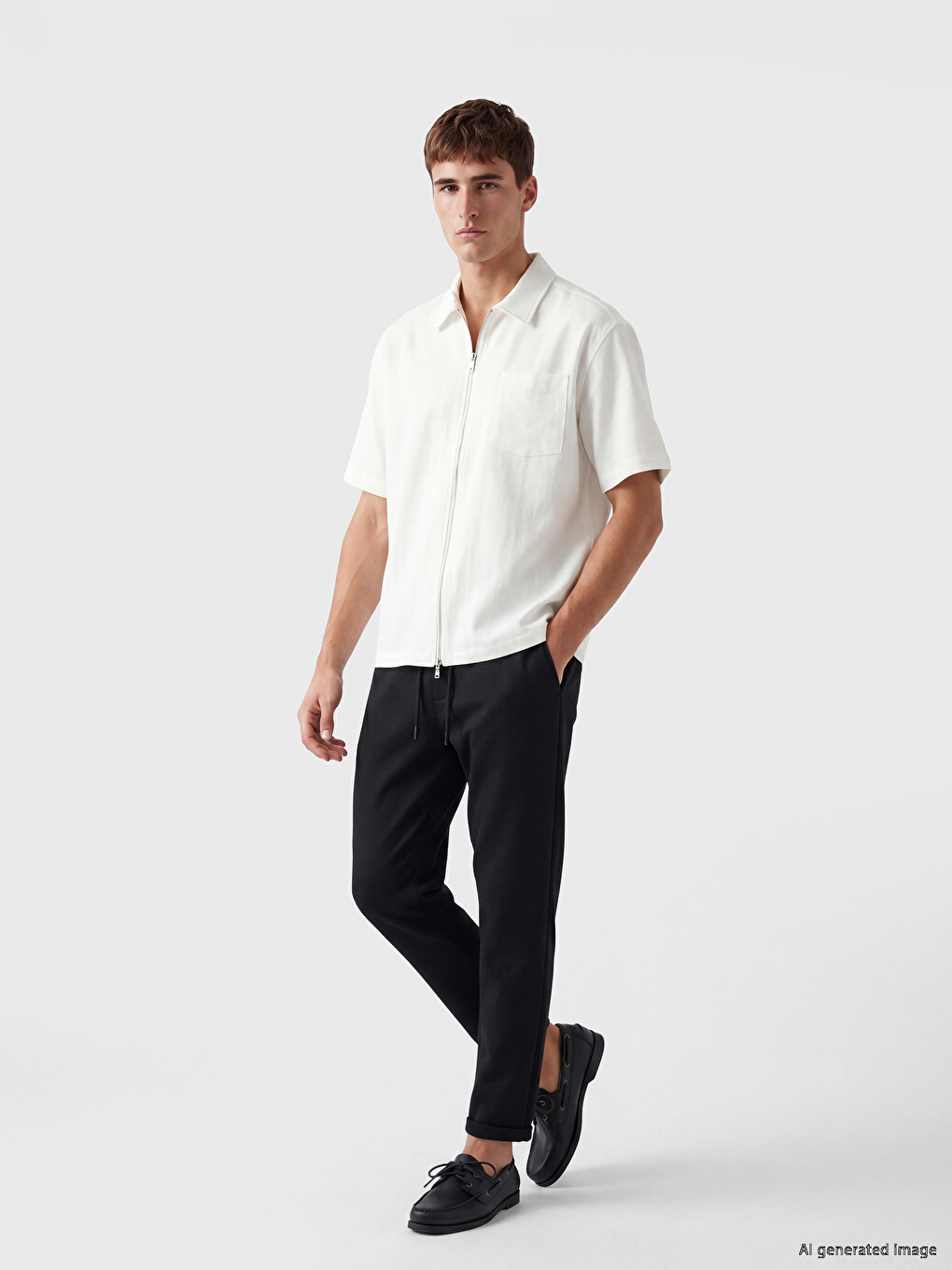 Ekru Regular Fit Fermuarlı Erkek Gömlek-5