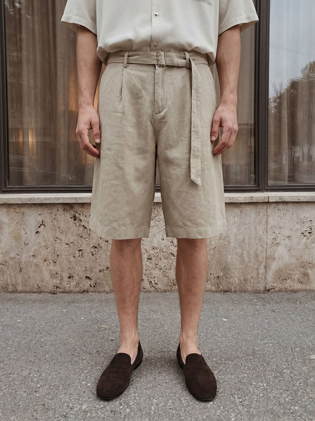 Bej Regular Fit Kemerli Erkek Şort-1