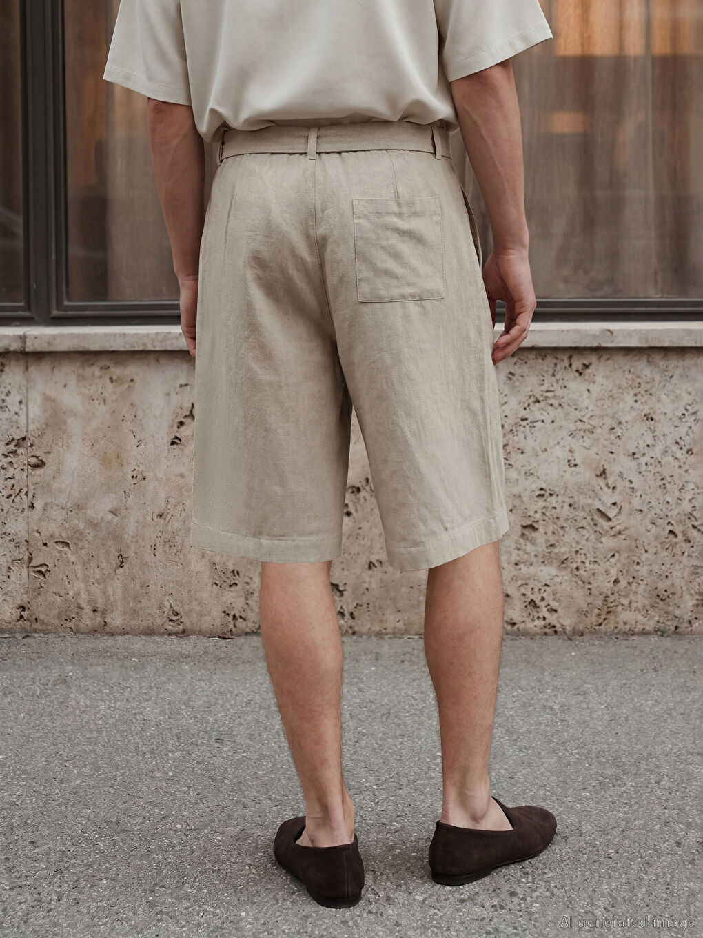 Bej Regular Fit Kemerli Erkek Şort-2