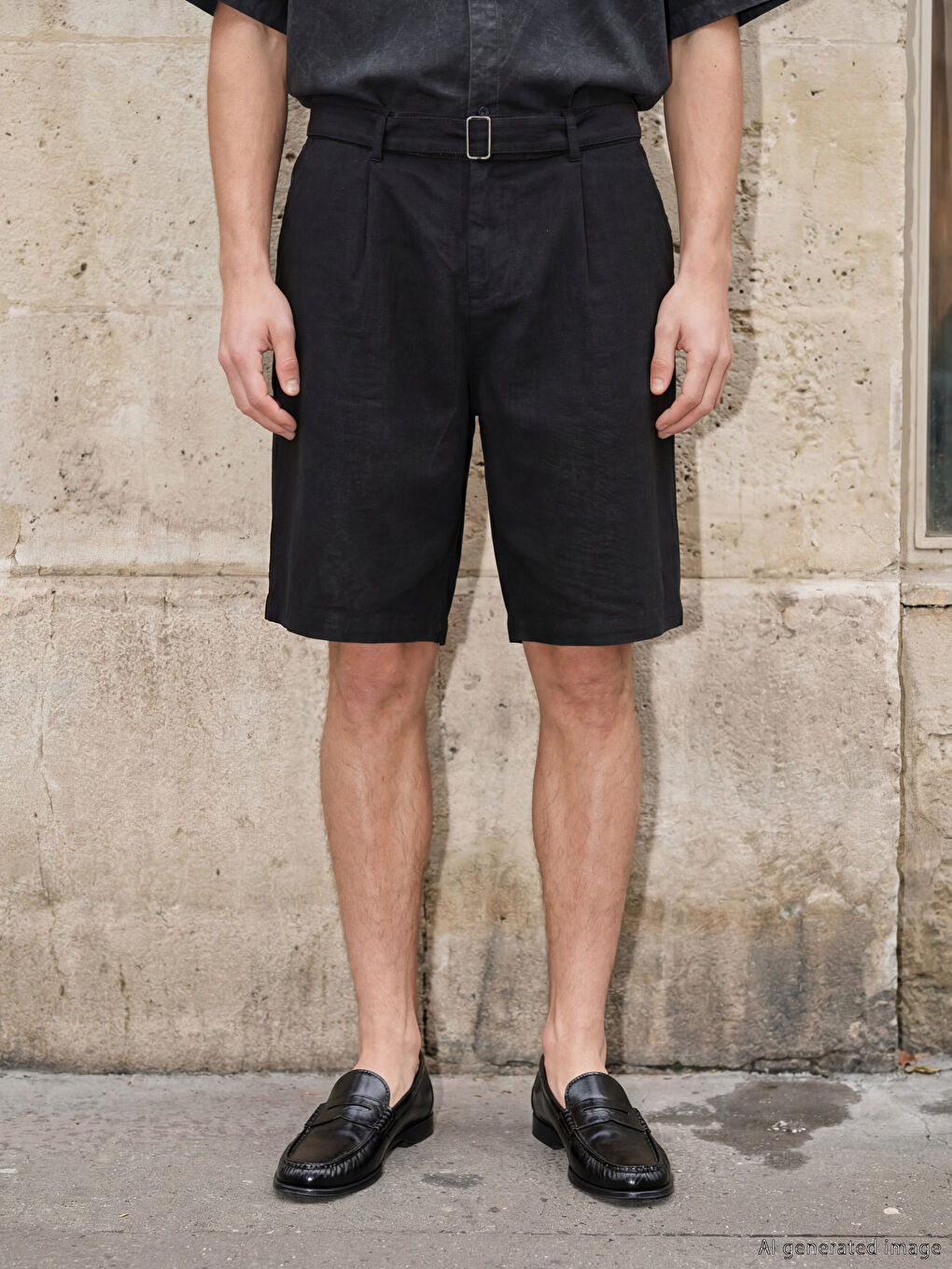 Siyah Regular Fit Kemerli Erkek Şort-1