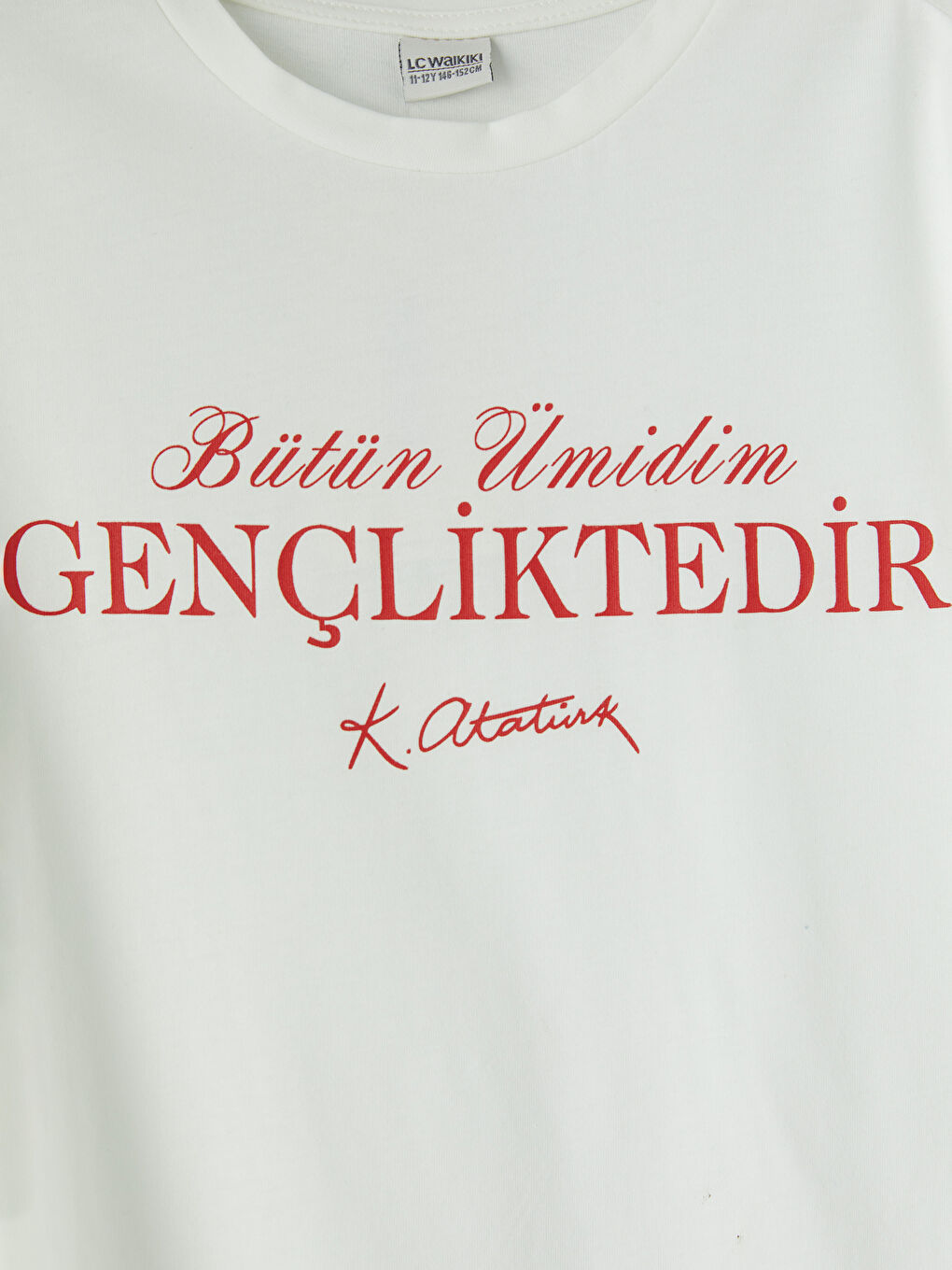 Ekru Bisiklet Yaka Atatürk Baskılı Kız Çocuk Tişört-2