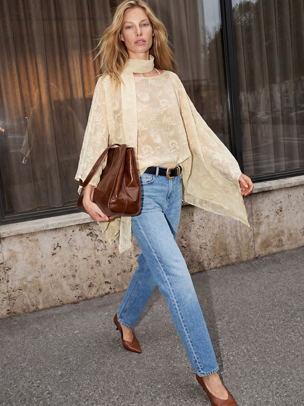 Ekru Şal Detaylı Nakışlı Yarasa Kol Brode Bluz-1