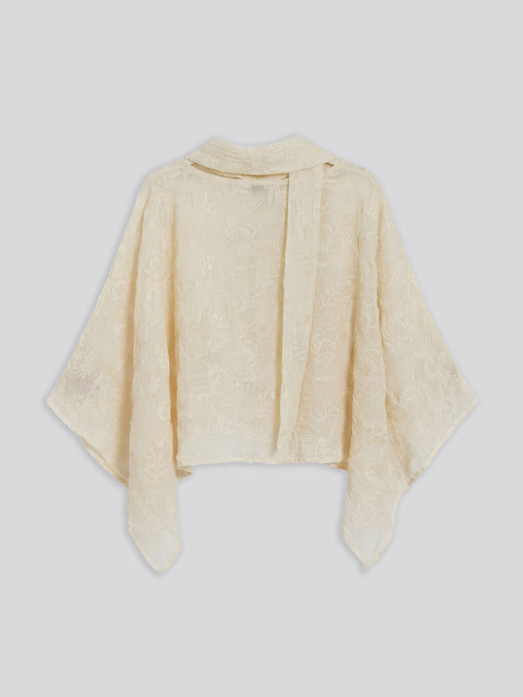 Ekru Şal Detaylı Nakışlı Yarasa Kol Brode Bluz-5