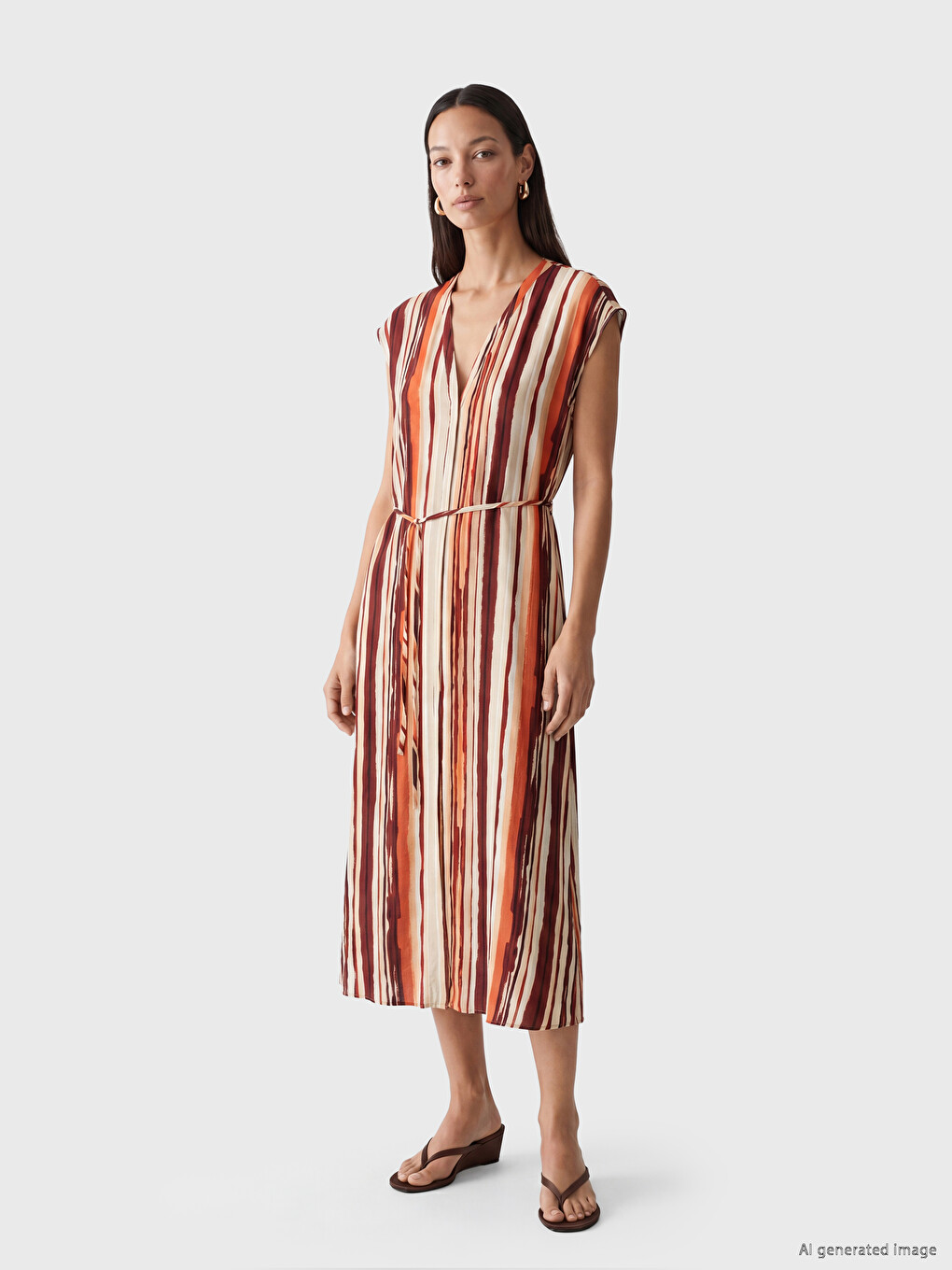 V Neck Striped Sash Dress