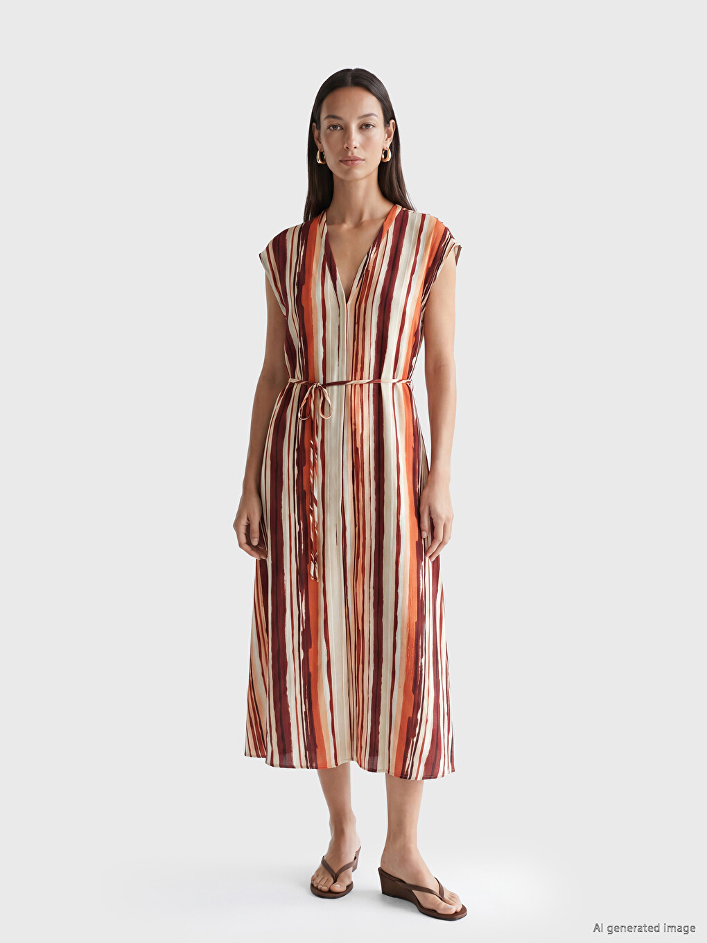 V Neck Striped Sash Dress-1
