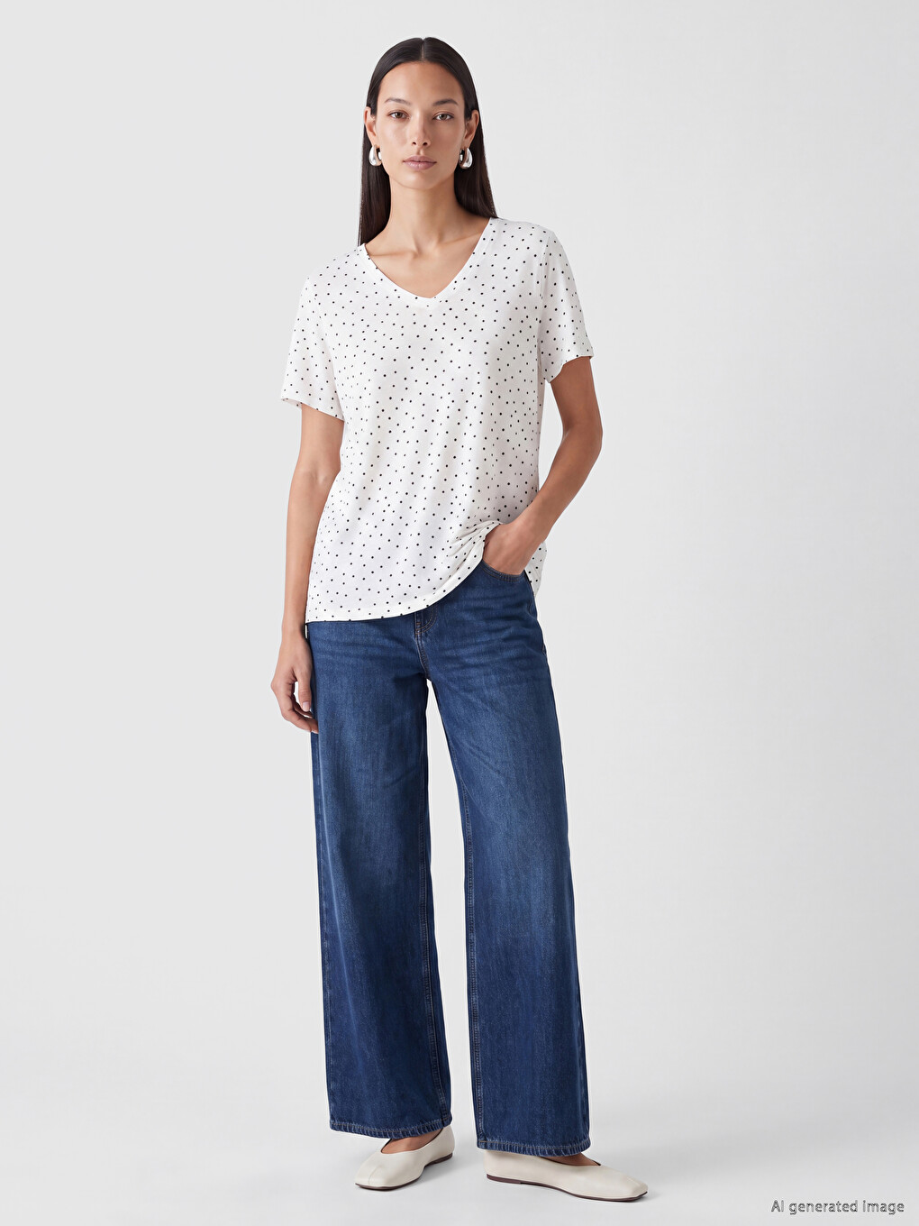 V Neck Polka Dot Women's T-shirt-1