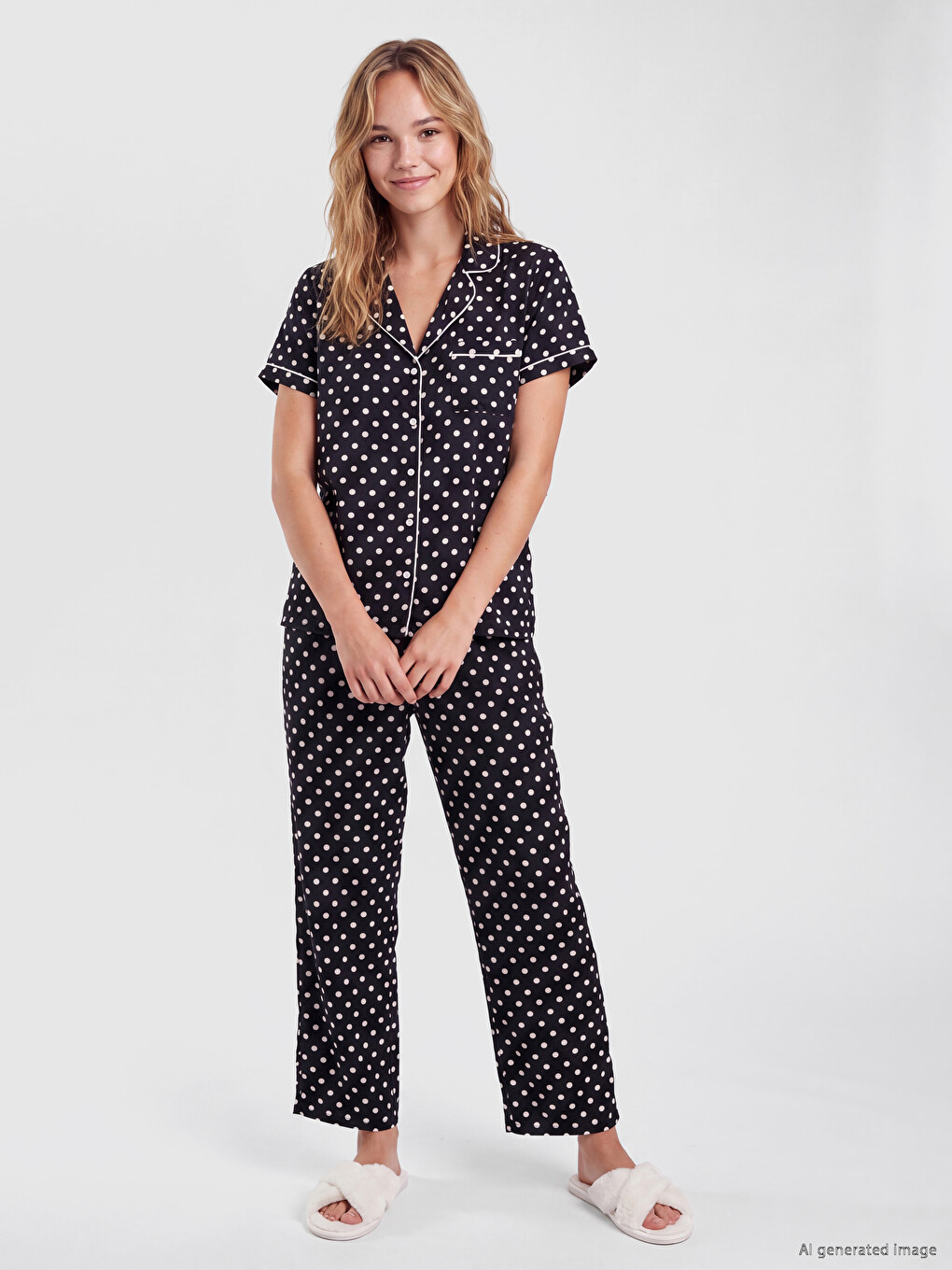 Siyah Gömlek Yaka Puantiyeli Kadın Pijama Takımı-1