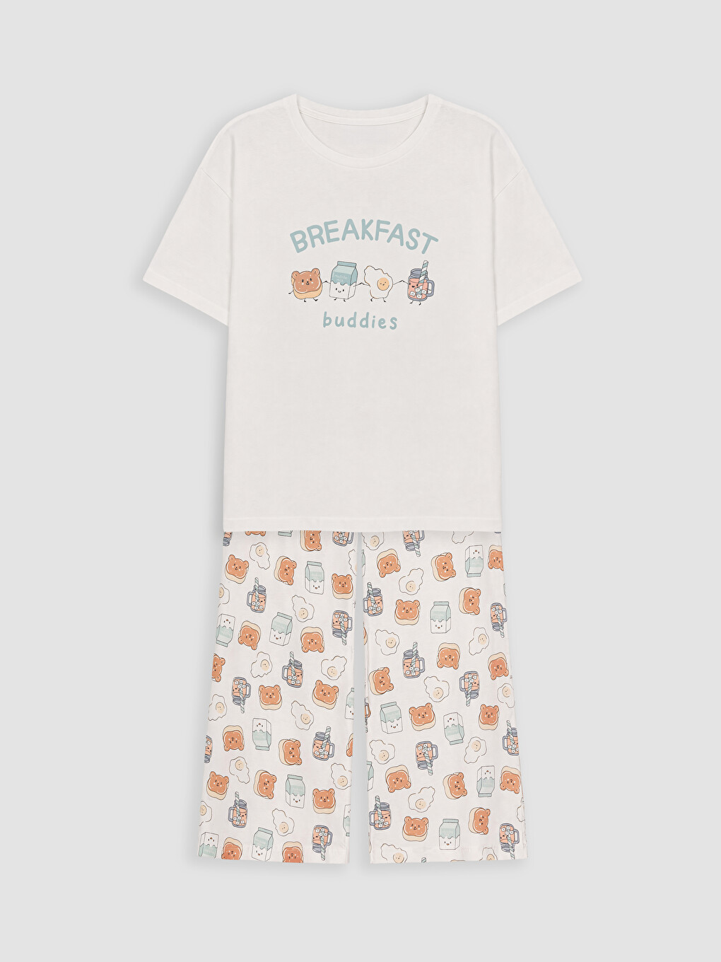 Ekru Bisiklet Yaka Baskılı Kadın Kaprili Pijama Takımı