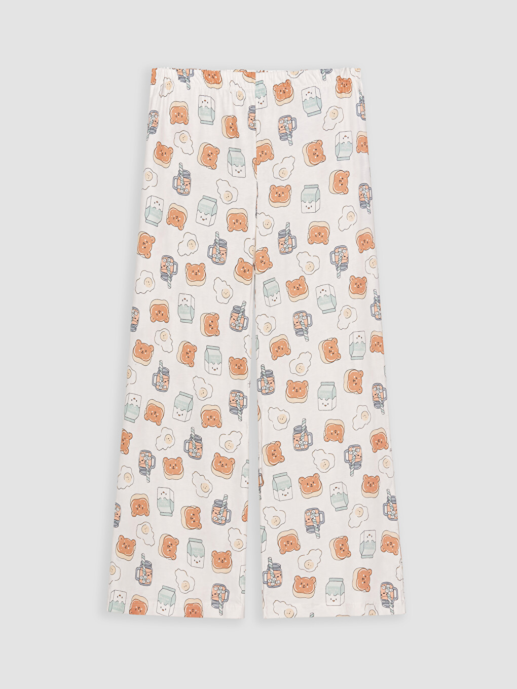Ekru Bisiklet Yaka Baskılı Kadın Kaprili Pijama Takımı-4