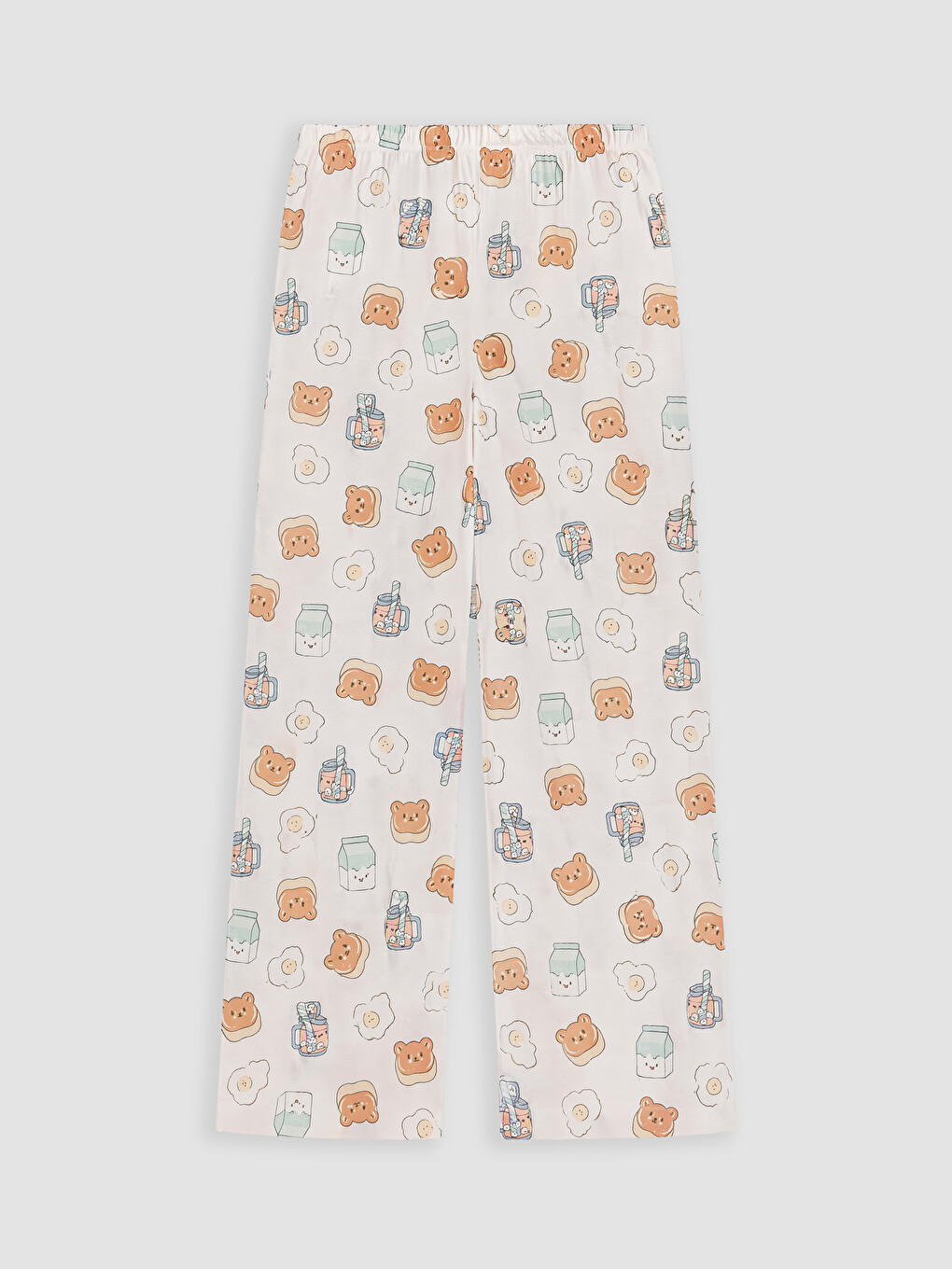 Ekru Bisiklet Yaka Baskılı Kadın Kaprili Pijama Takımı-6