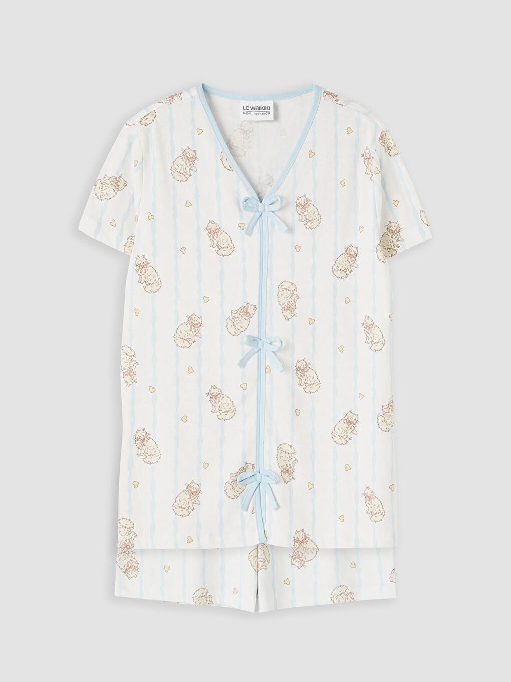 Ekru Fiyonk Detaylı Kız Çocuk Şortlu Pijama Takımı