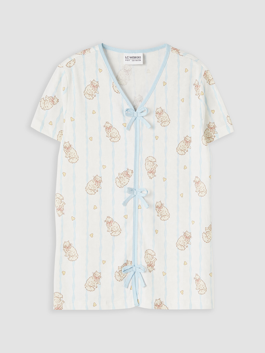 Ekru Fiyonk Detaylı Kız Çocuk Şortlu Pijama Takımı-1