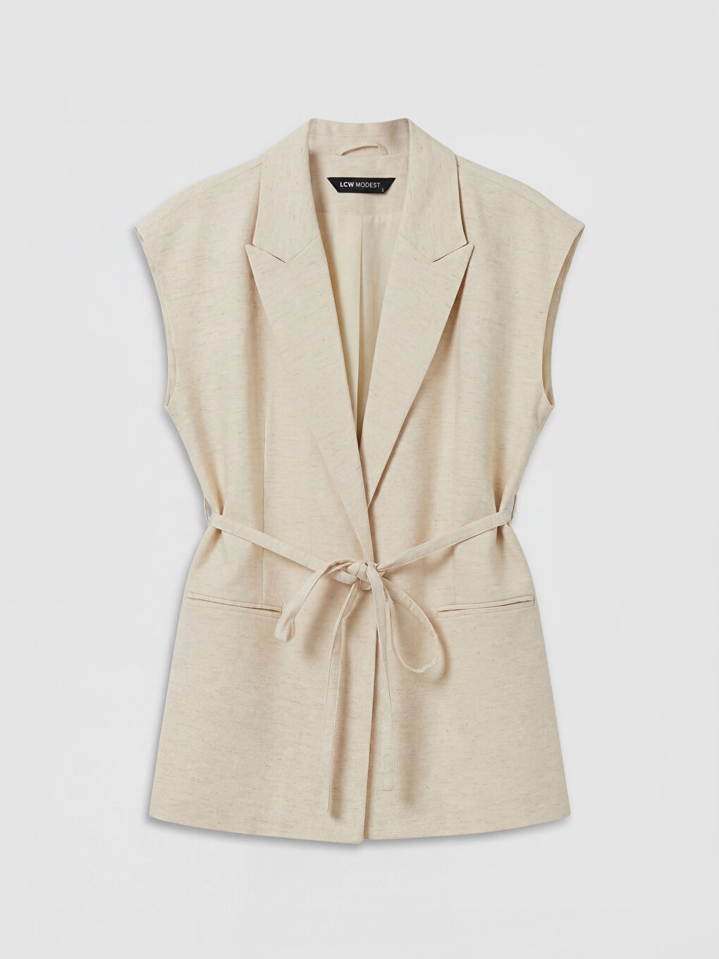 Ekru Keten Karışımlı Beli Kuşaklı Kadın Klasik Yelek