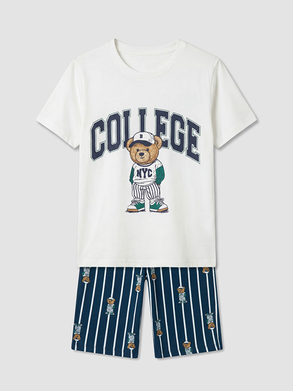Ekru Ayı Teddy Baskılı Erkek Çocuk Şortlu Pijama Takımı