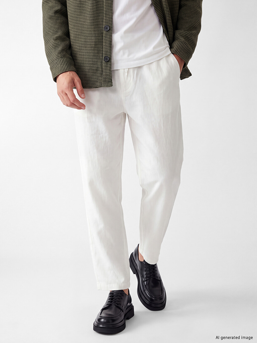 Ekru Regular Fit %100 Keten Erkek Pantolon