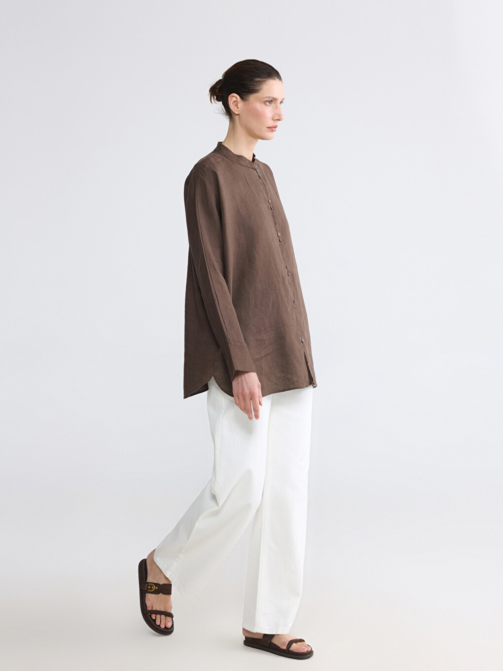 Kahverengi Oversize Kadın %100 Keten Gömlek Tunik-1