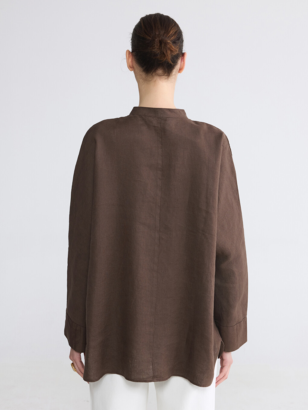 Kahverengi Oversize Kadın %100 Keten Gömlek Tunik-3