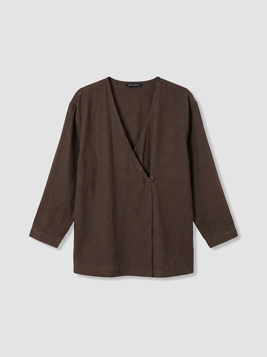 Kahverengi Kruvaze Yaka Kadın Keten Kimono