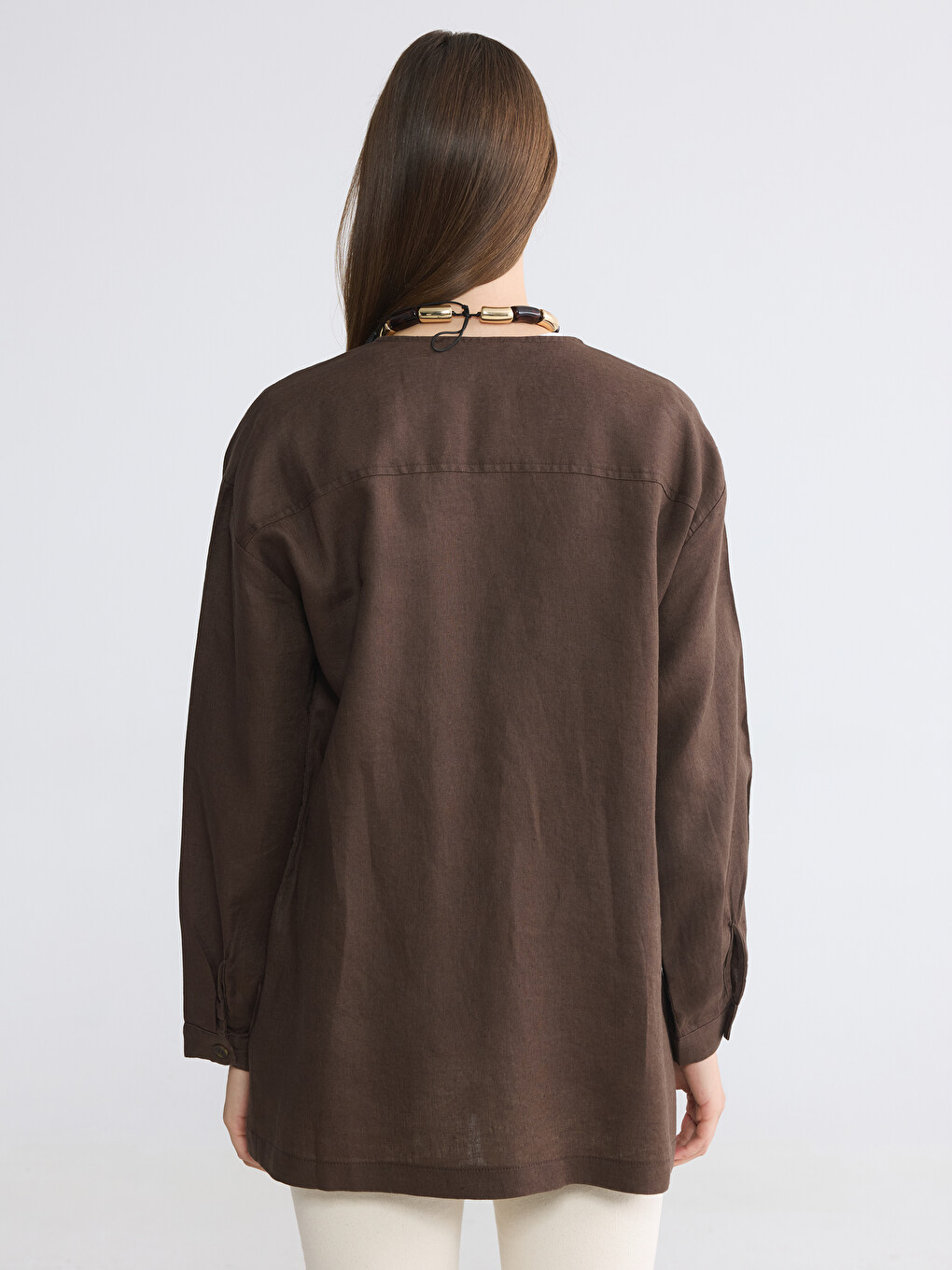 Kahverengi Kruvaze Yaka Kadın %100 Keten Kimono-3