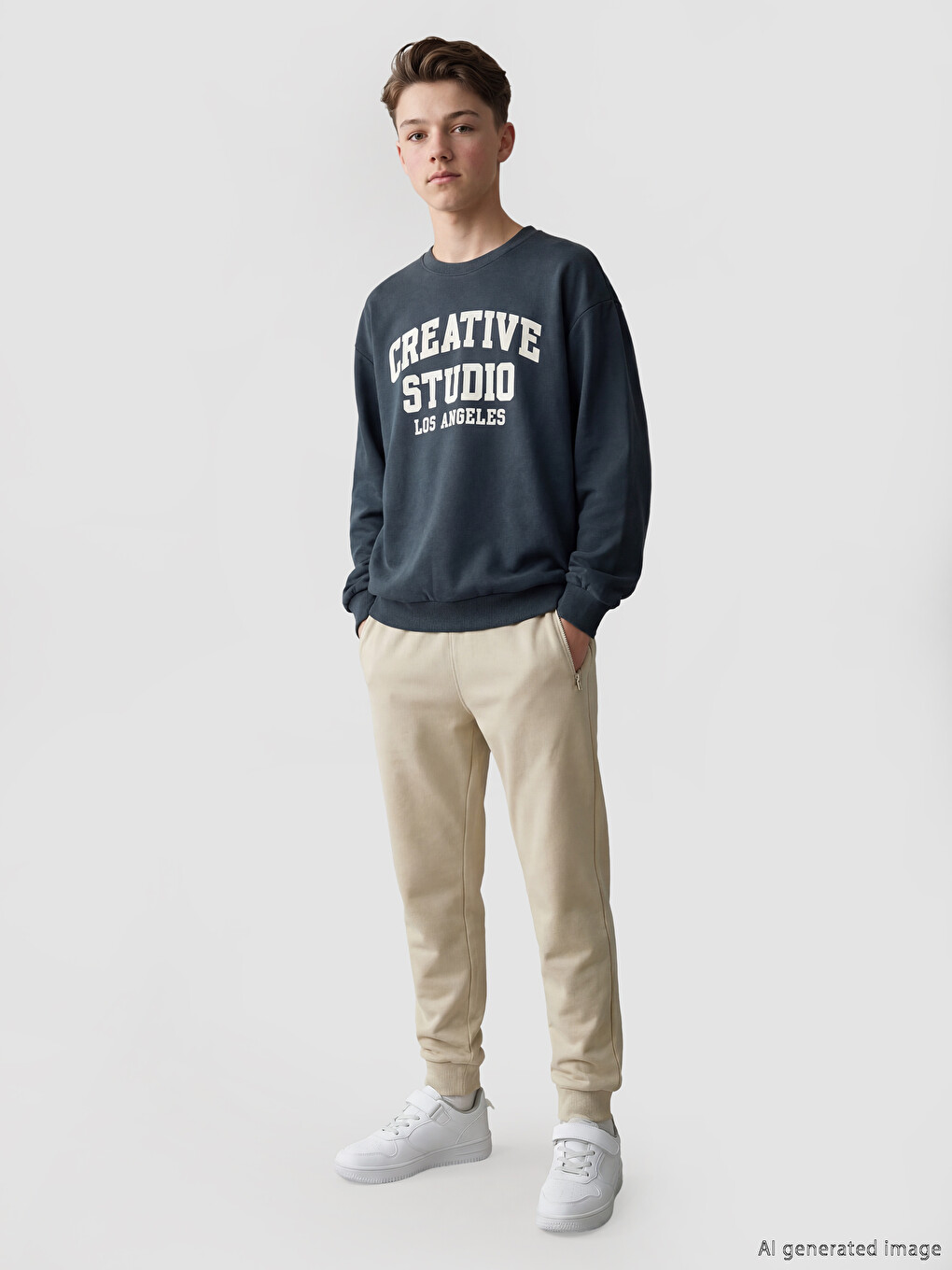 Lacivert Bisiklet Yaka Baskılı Erkek Çocuk Sweatshirt