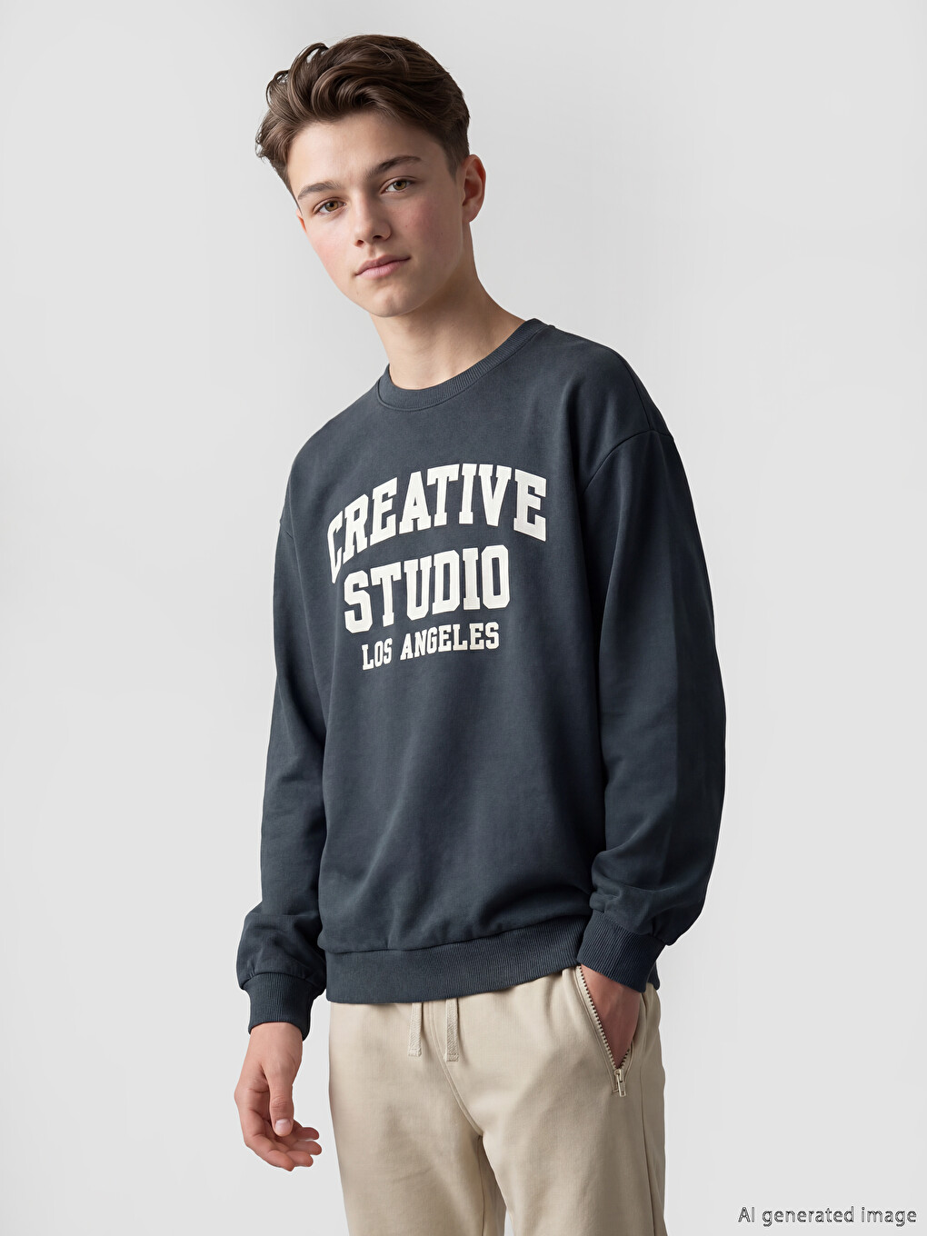 Lacivert Bisiklet Yaka Baskılı Erkek Çocuk Sweatshirt-1