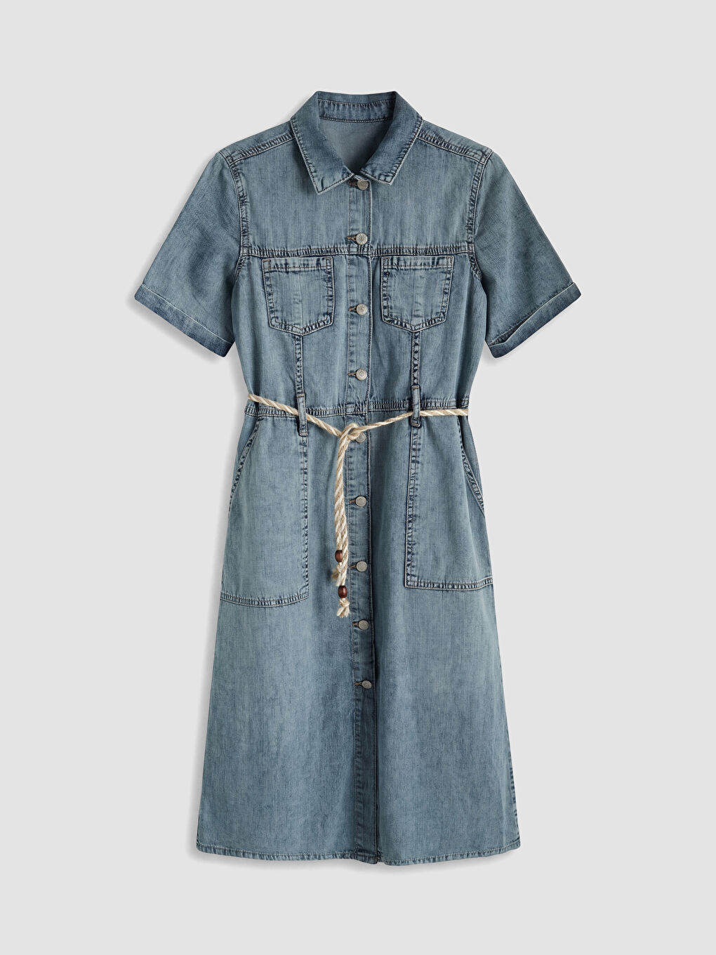 İndigo Gömlek Yaka Beli Kemerli Jean Elbise