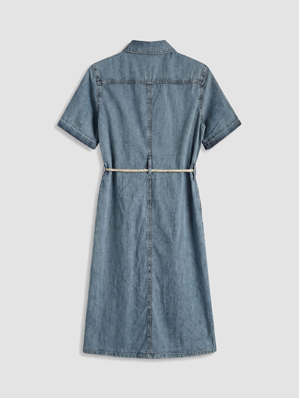 İndigo Gömlek Yaka Beli Kemerli Jean Elbise-3