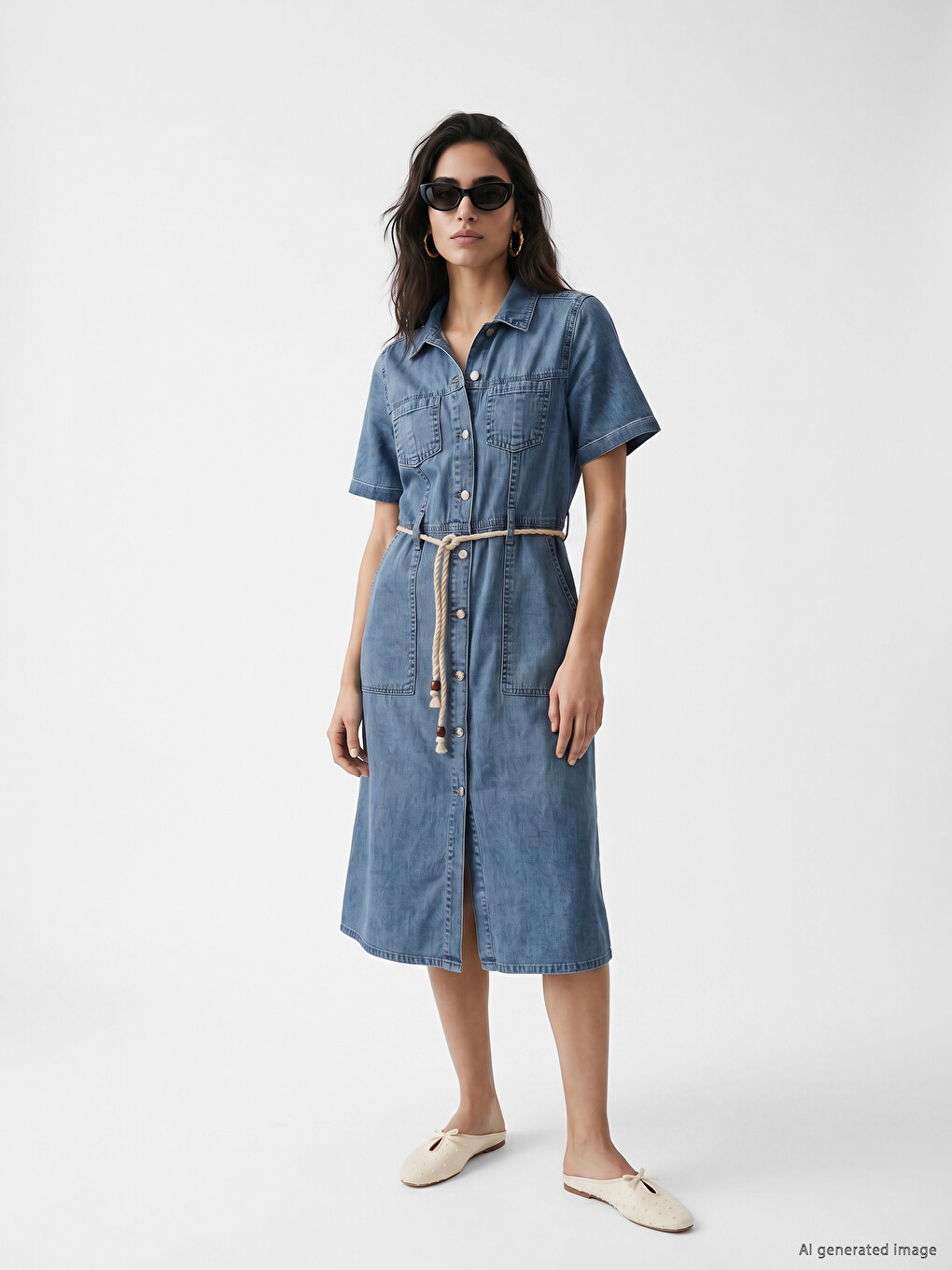 Collared Neck Belted Waist Denim Dress-1