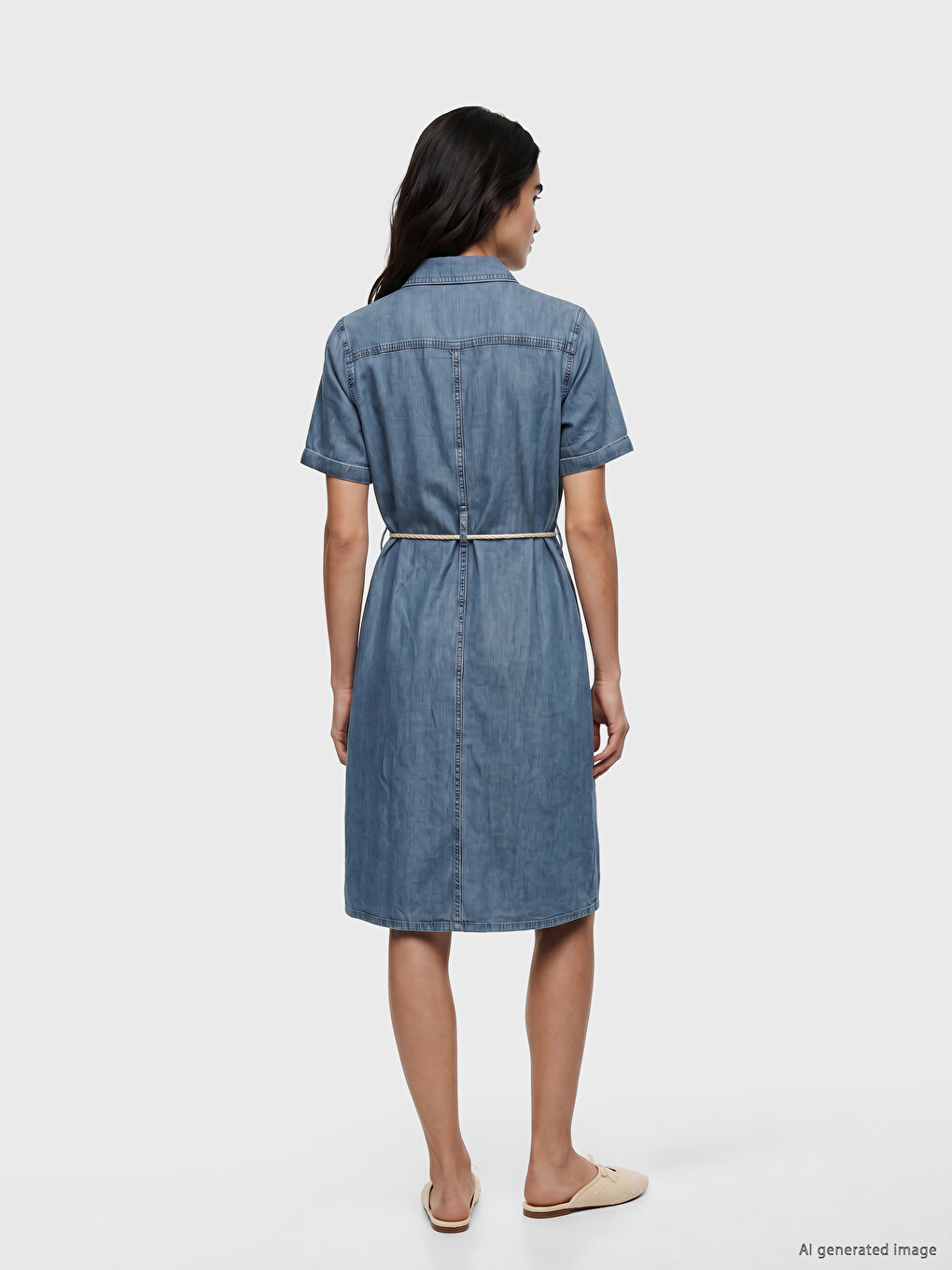 Collared Neck Belted Waist Denim Dress-3