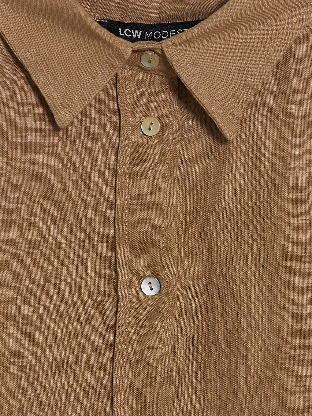 Bej Kuşaklı %100 Keten Gömlek Elbise-1
