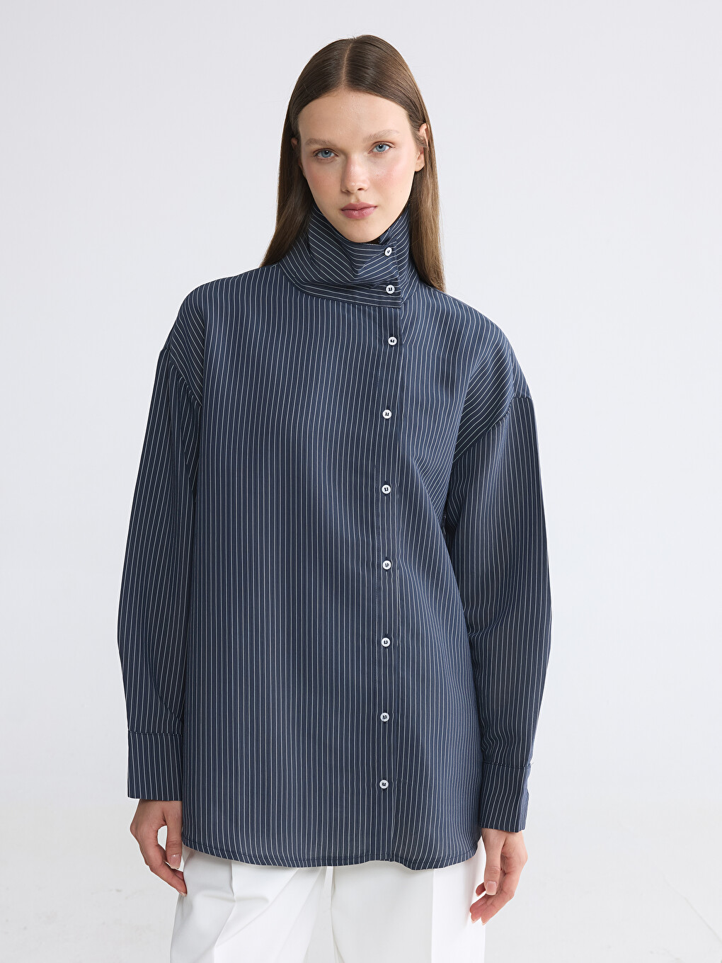 Asymmetric Collar Striped Women's Shirt Tunic