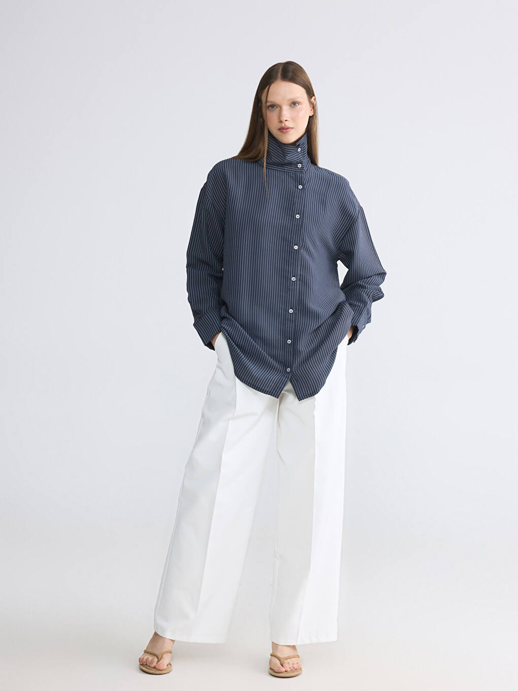 Asymmetric Collar Striped Women's Shirt Tunic-1
