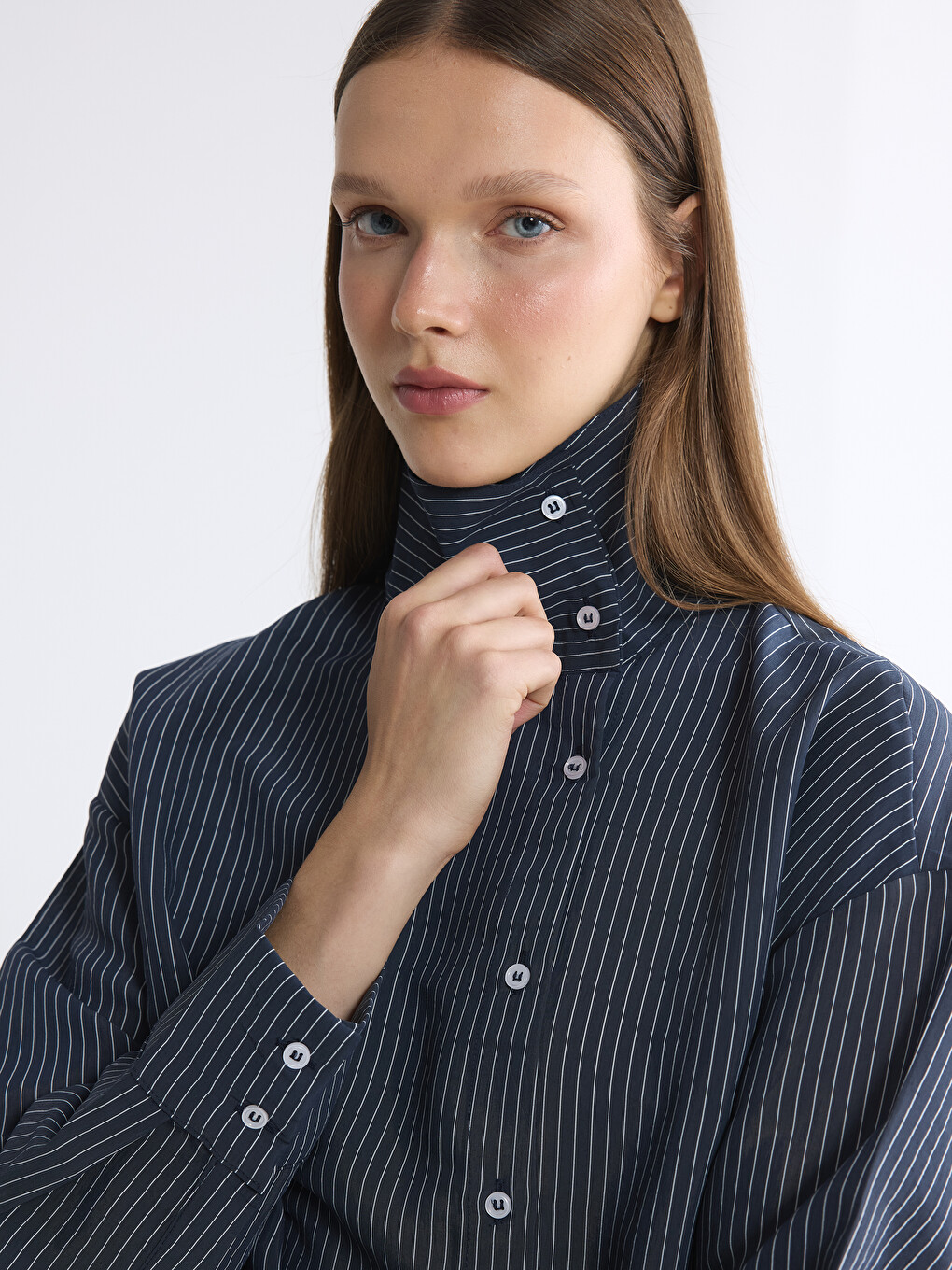 Asymmetric Collar Striped Women's Shirt Tunic-2