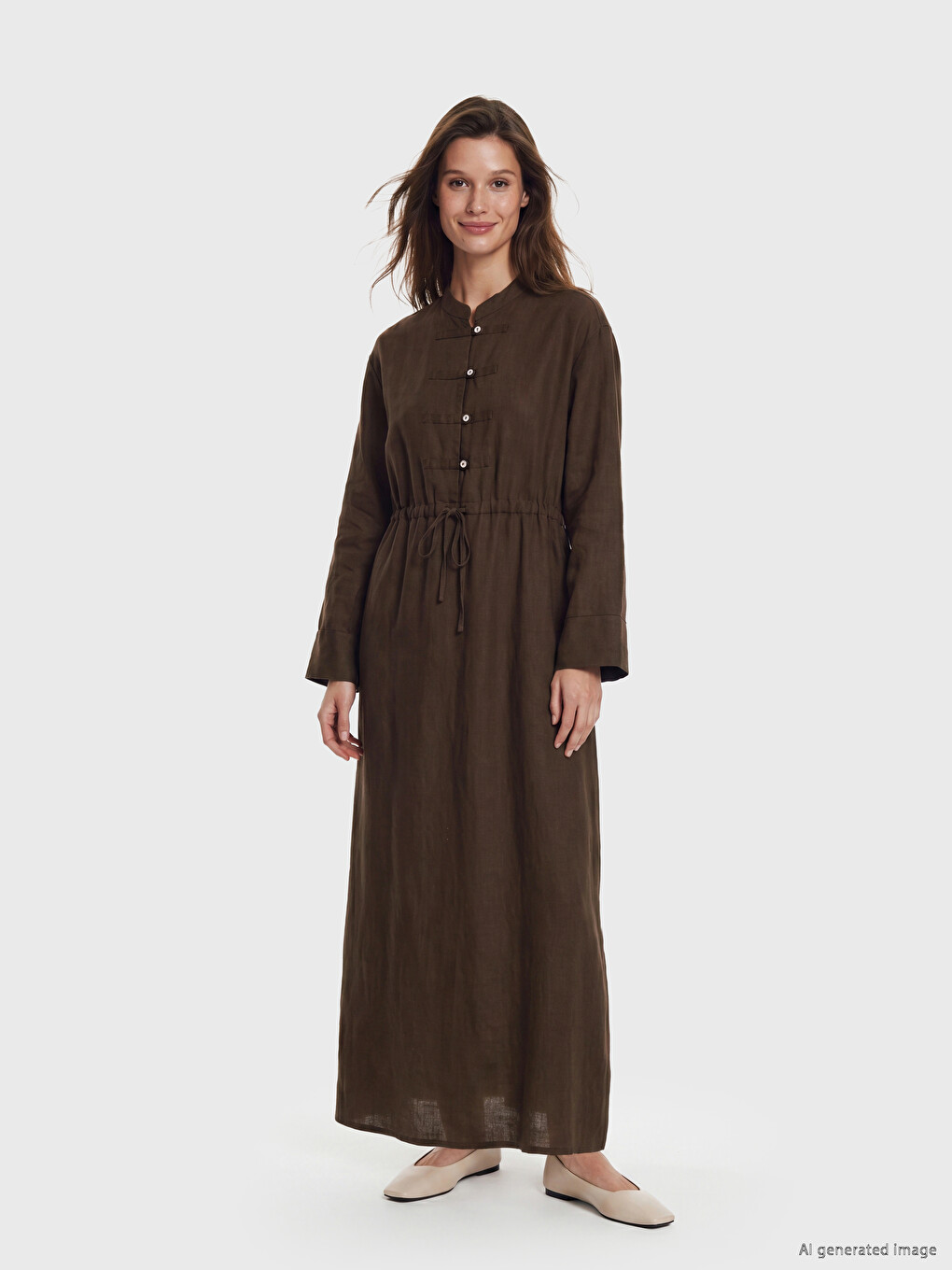 Notch Neck Ruched %100 Linen Dress