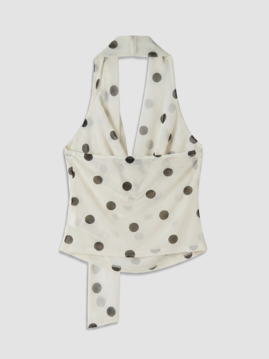 Ekru Halter Yaka Puantiyeli Fular Detaylı Bluz-2